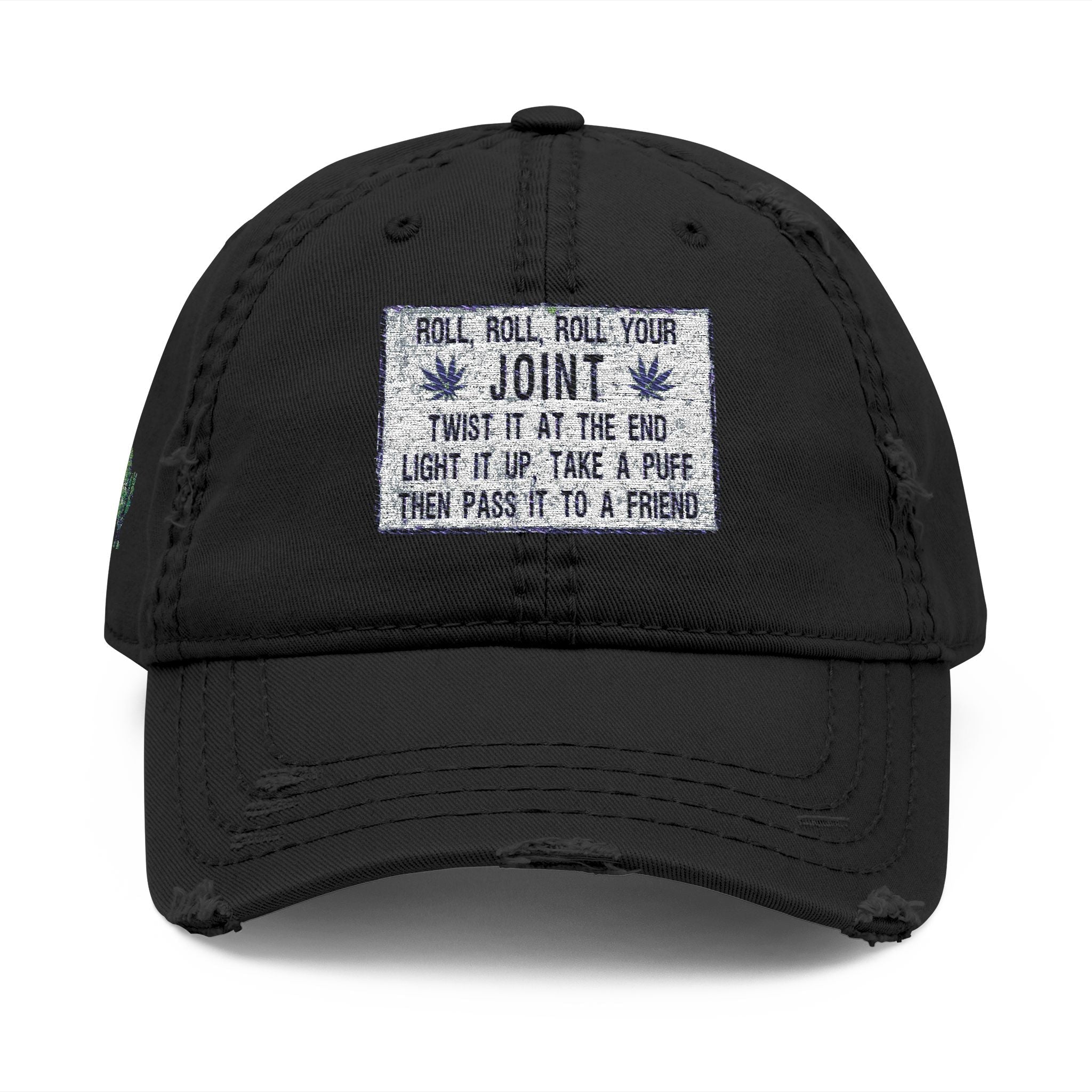 Distressed Hat with Embroidered Joint Design, Casual Cap for Cannabis Lovers, Gift for Stoners, Relaxed Fit Hat - Metamorphosis Creations