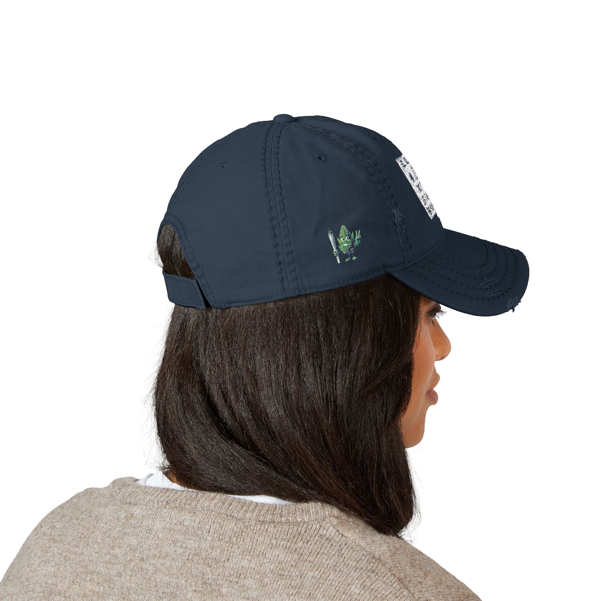 Distressed Hat with Embroidered Joint Design, Casual Cap for Cannabis Lovers, Gift for Stoners, Relaxed Fit Hat - Metamorphosis Creations