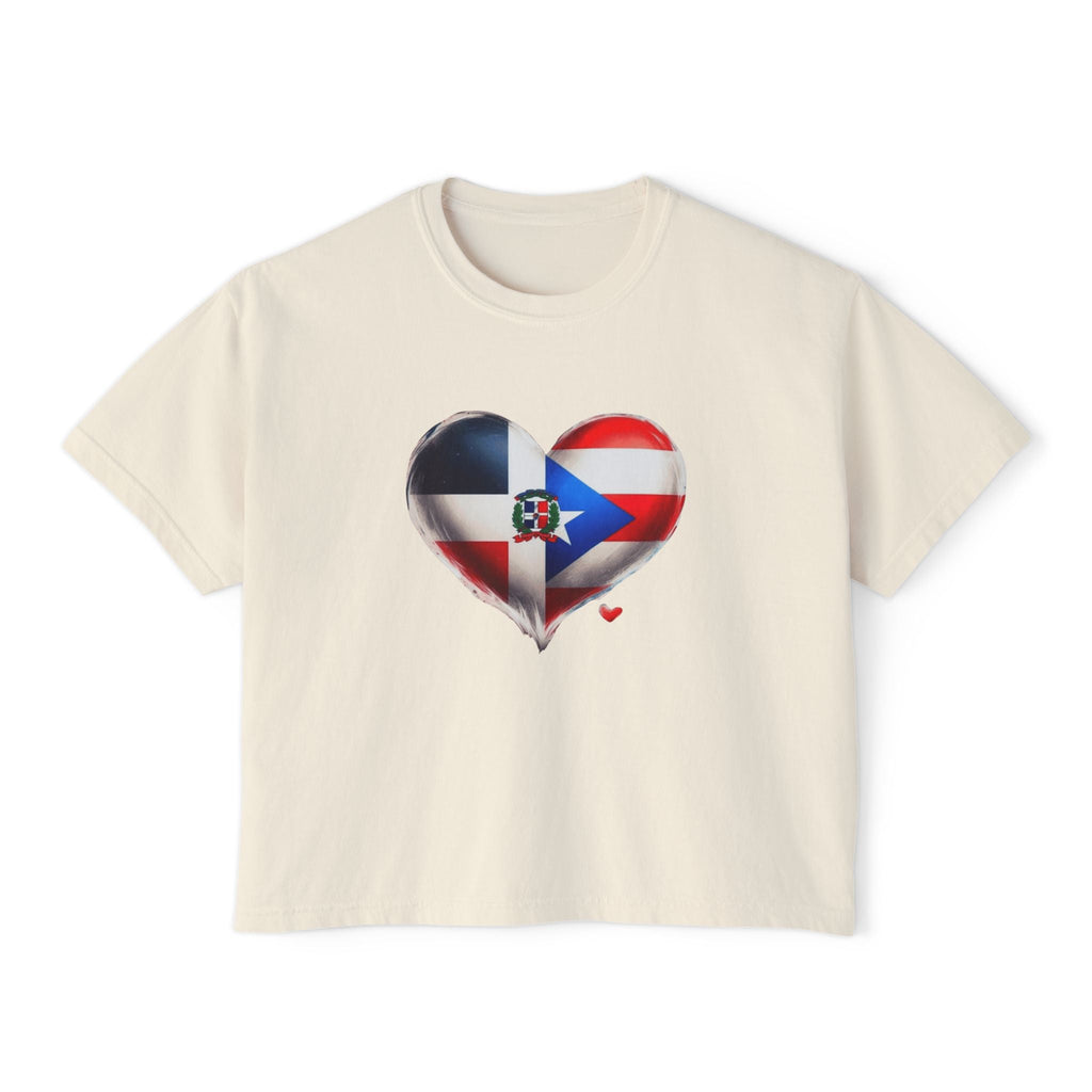 DomiRikan Heart Women’s Boxy Tee – Boricua & Dominicana Pride Shirt, Vintage Fit, Festival Gift Top - Metamorphosis Creations