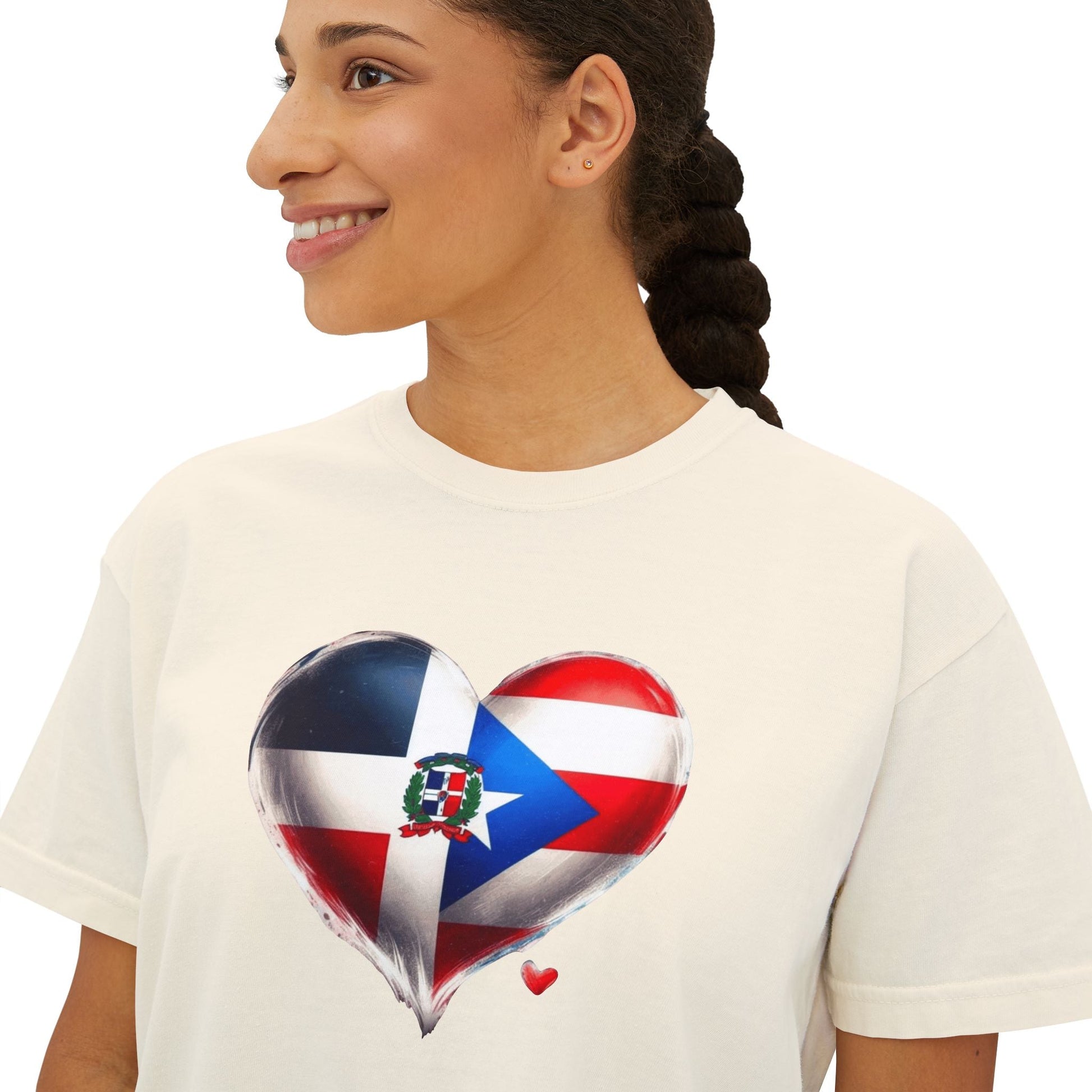 DomiRikan Heart Women’s Boxy Tee – Boricua & Dominicana Pride Shirt, Vintage Fit, Festival Gift Top - Metamorphosis Creations