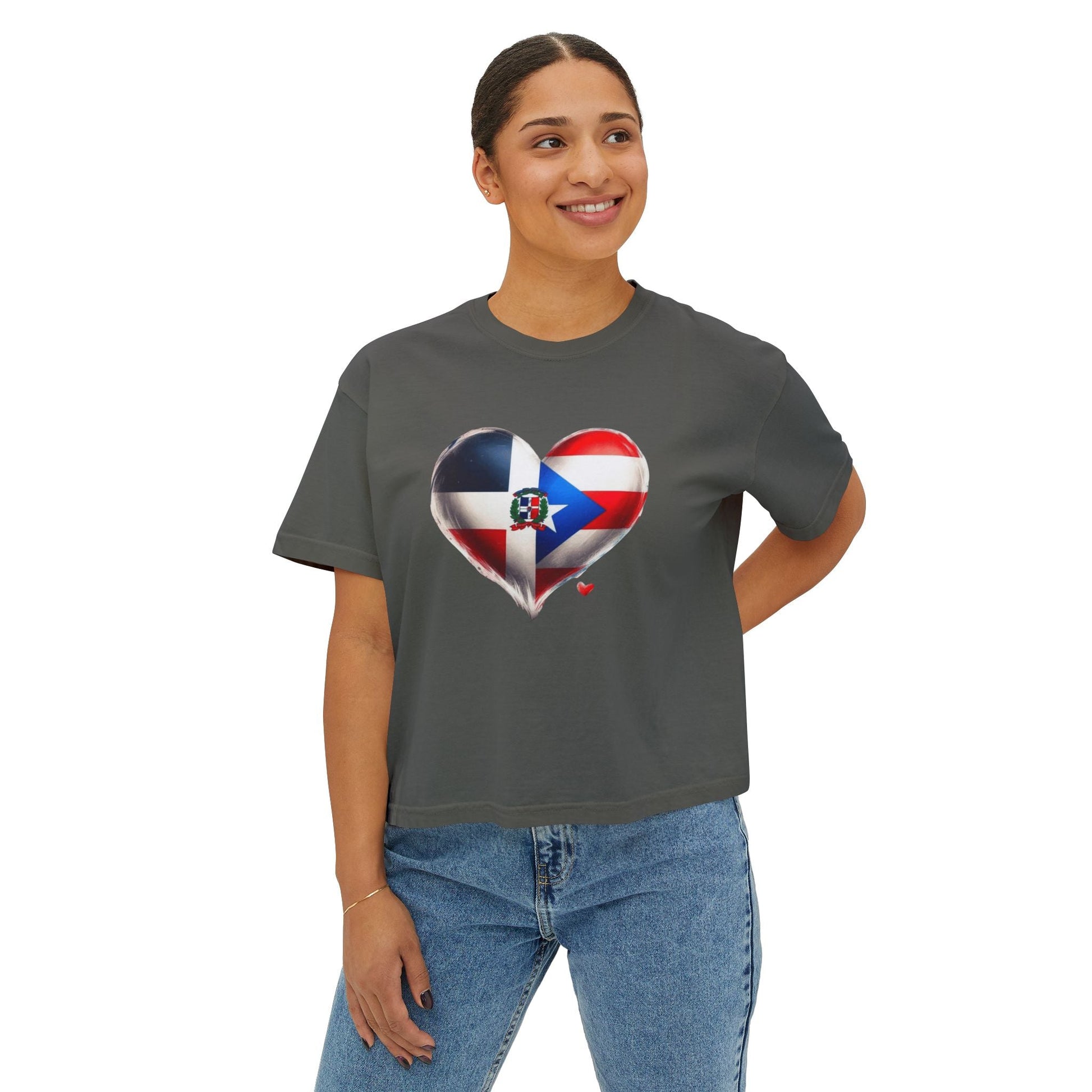 DomiRikan Heart Women’s Boxy Tee – Boricua & Dominicana Pride Shirt, Vintage Fit, Festival Gift Top - Metamorphosis Creations