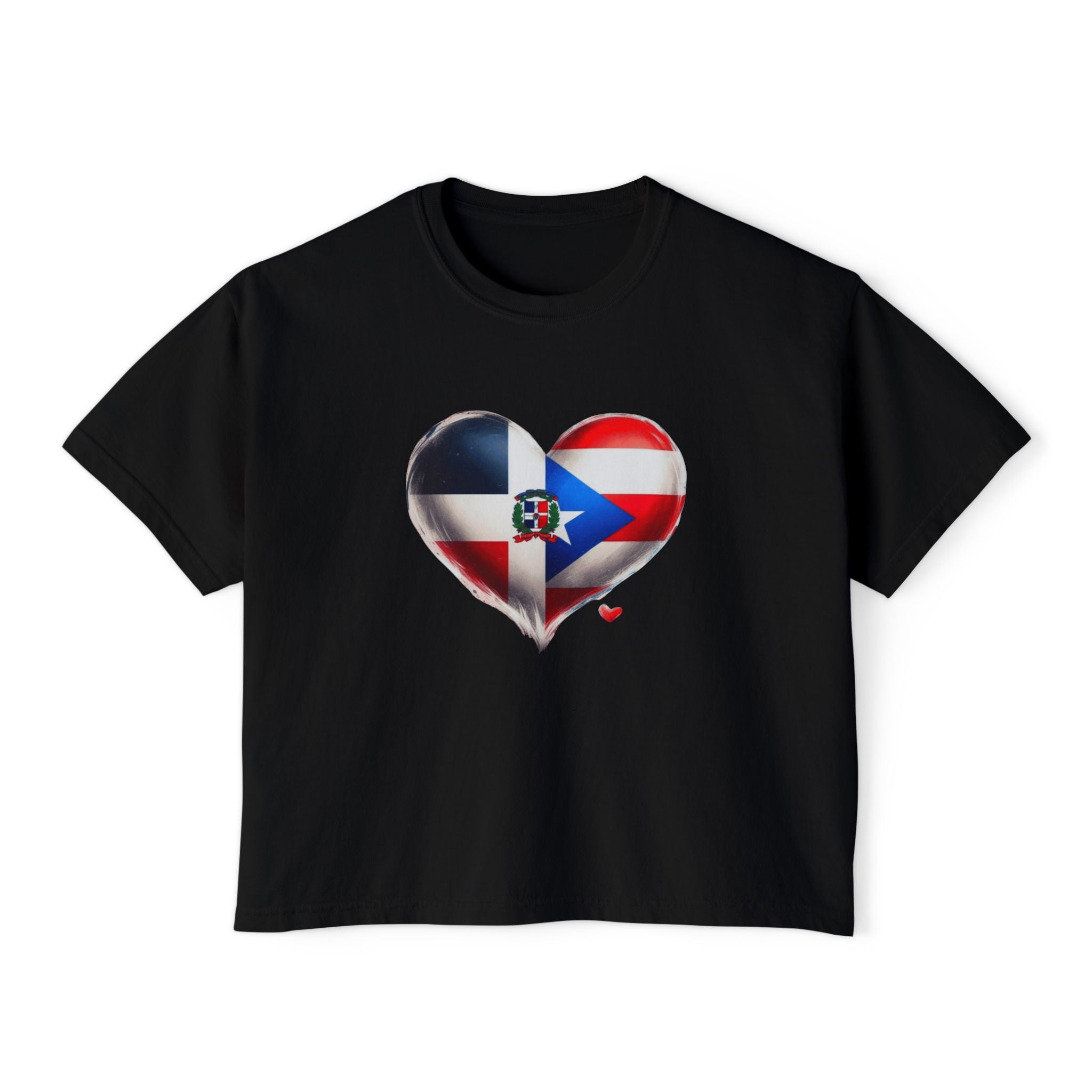 DomiRikan Heart Women’s Boxy Tee – Boricua & Dominicana Pride Shirt, Vintage Fit, Festival Gift Top - Metamorphosis Creations