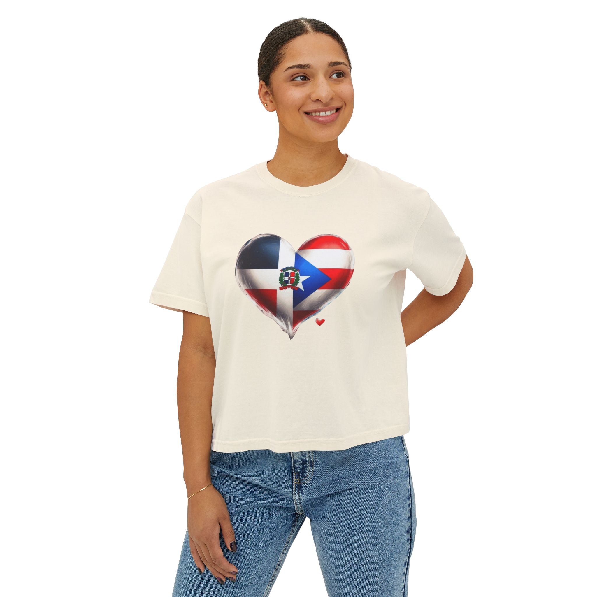 DomiRikan Heart Women’s Boxy Tee – Boricua & Dominicana Pride Shirt, Vintage Fit, Festival Gift Top - Metamorphosis Creations