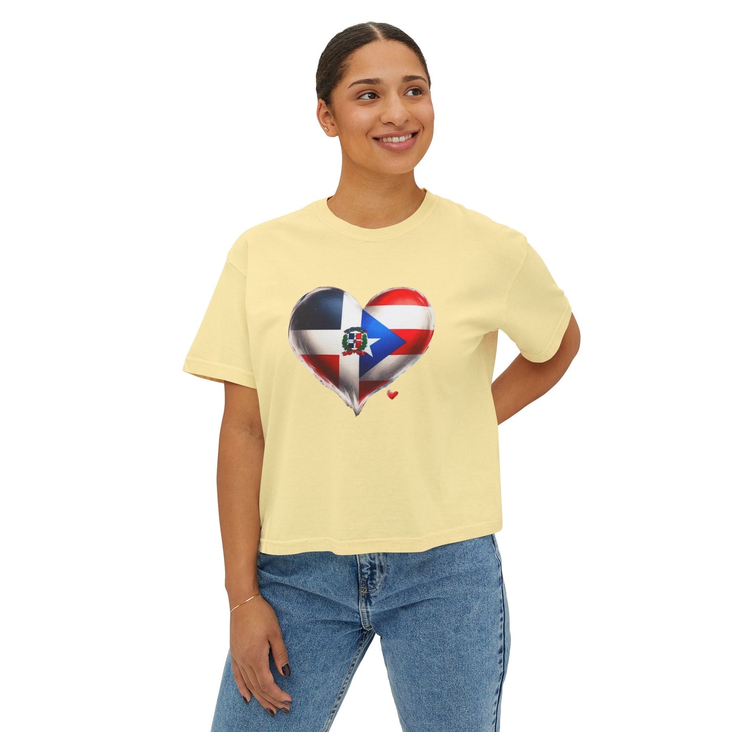 DomiRikan Heart Women’s Boxy Tee – Boricua & Dominicana Pride Shirt, Vintage Fit, Festival Gift Top - Metamorphosis Creations