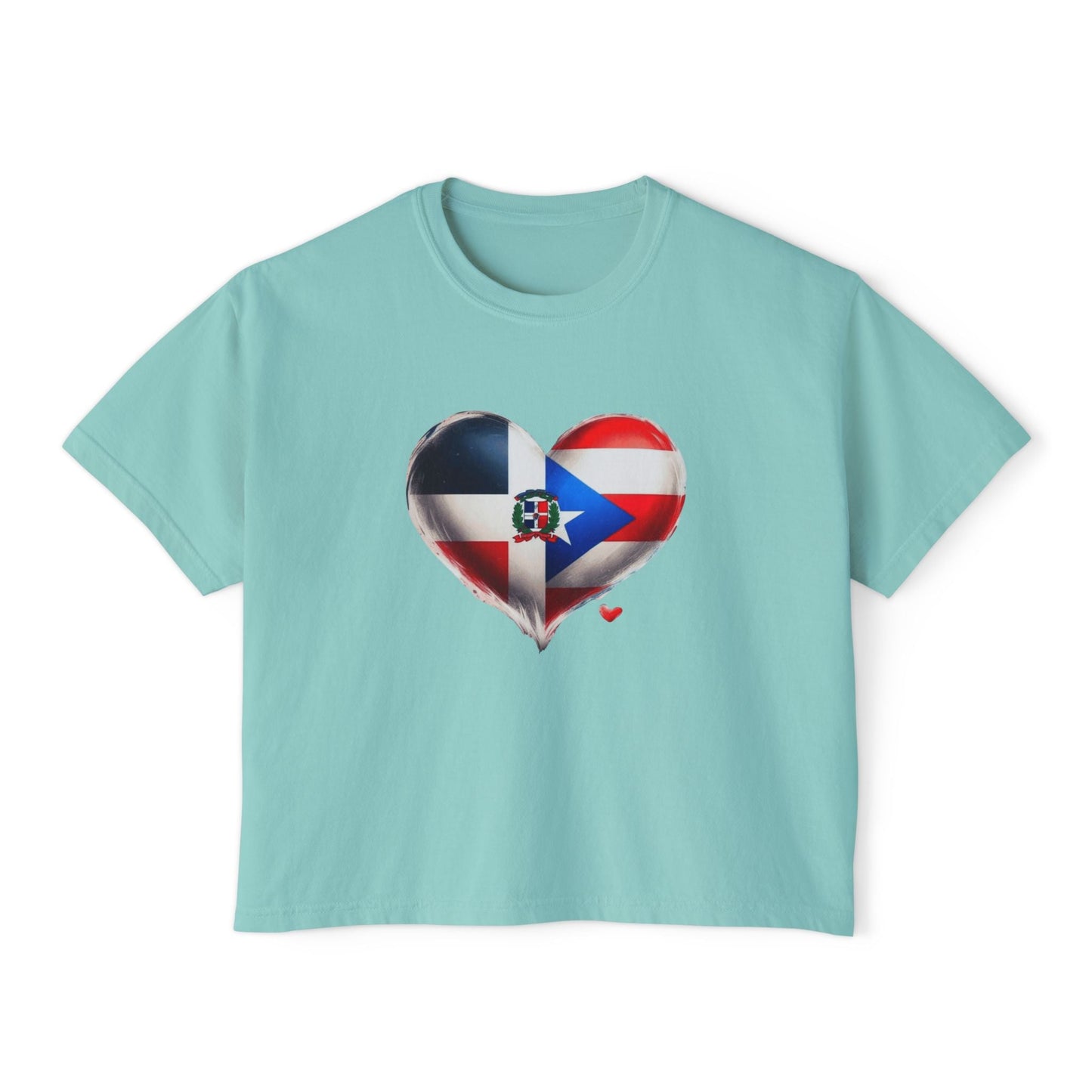 DomiRikan Heart Women’s Boxy Tee – Boricua & Dominicana Pride Shirt, Vintage Fit, Festival Gift Top - Metamorphosis Creations