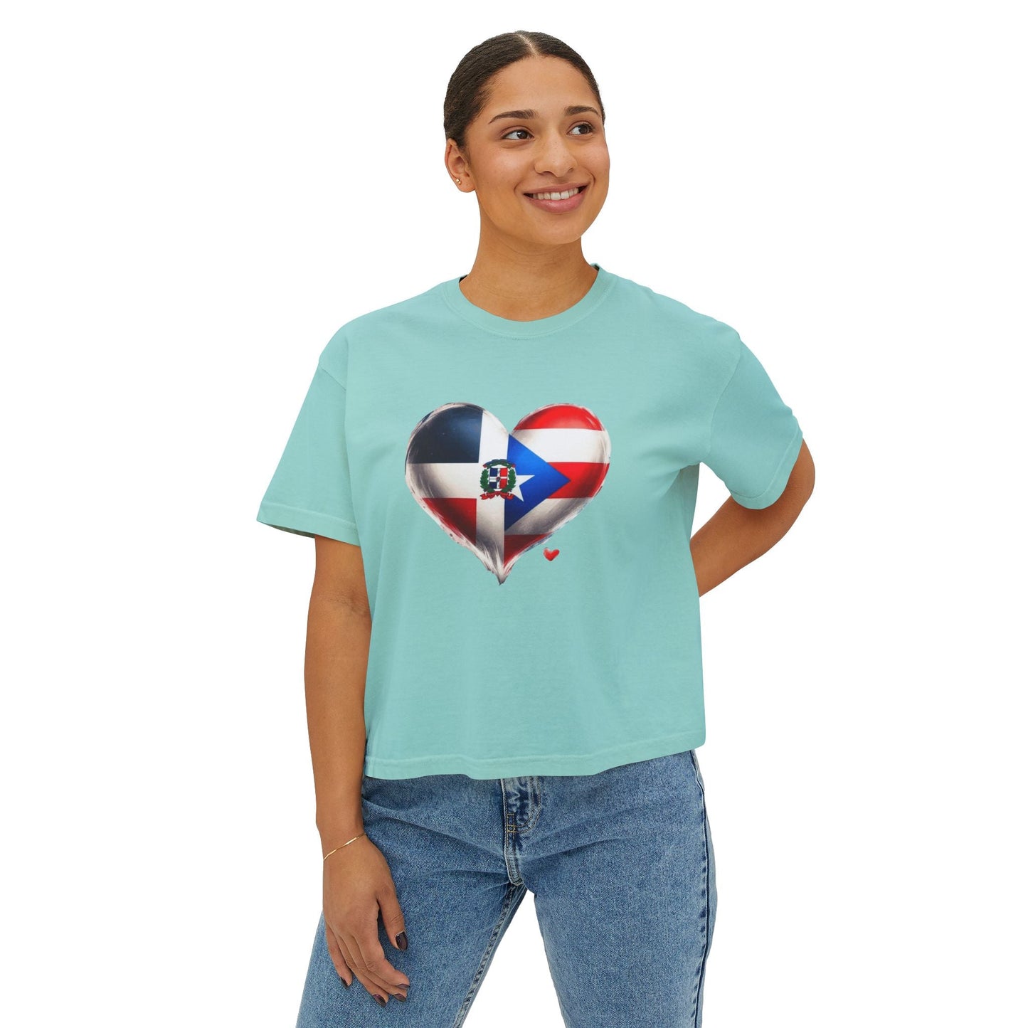 DomiRikan Heart Women’s Boxy Tee – Boricua & Dominicana Pride Shirt, Vintage Fit, Festival Gift Top - Metamorphosis Creations