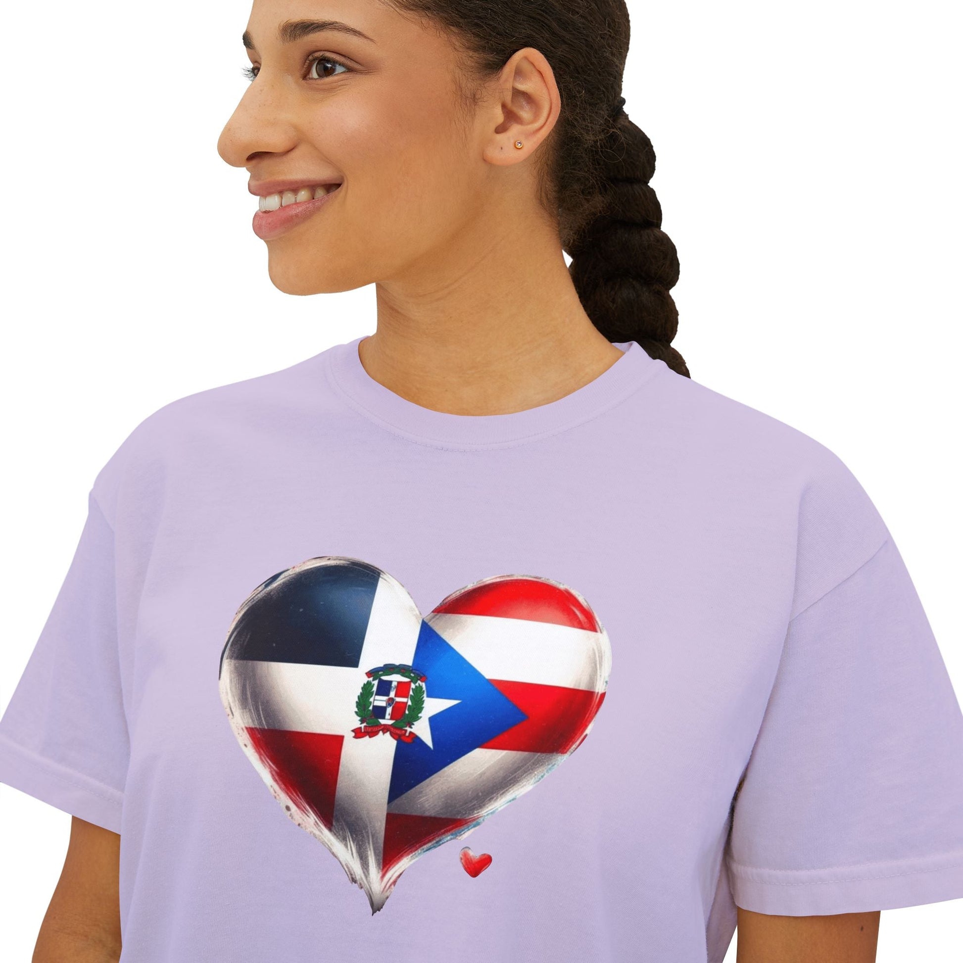 DomiRikan Heart Women’s Boxy Tee – Boricua & Dominicana Pride Shirt, Vintage Fit, Festival Gift Top - Metamorphosis Creations