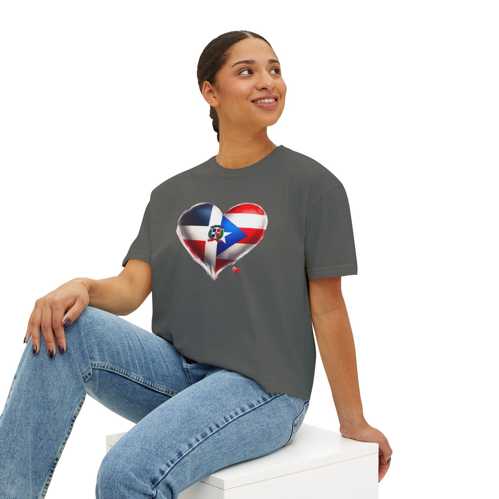 DomiRikan Heart Women’s Boxy Tee – Boricua & Dominicana Pride Shirt, Vintage Fit, Festival Gift Top - Metamorphosis Creations