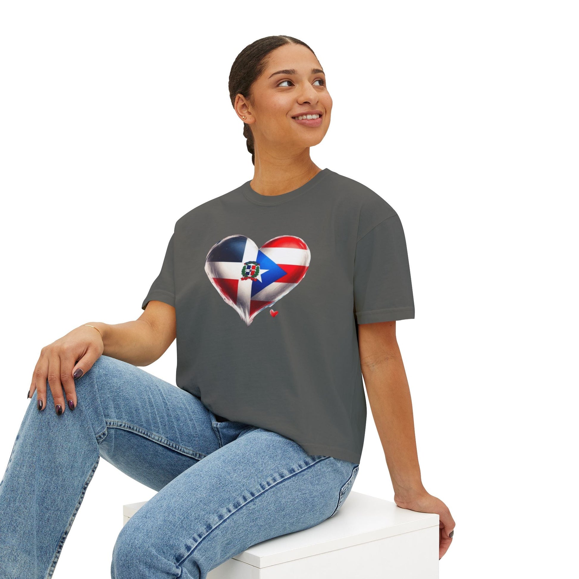 DomiRikan Heart Women’s Boxy Tee – Boricua & Dominicana Pride Shirt, Vintage Fit, Festival Gift Top - Metamorphosis Creations