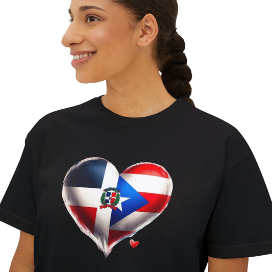 DomiRikan Heart Women’s Boxy Tee – Boricua & Dominicana Pride Shirt, Vintage Fit, Festival Gift Top - Metamorphosis Creations