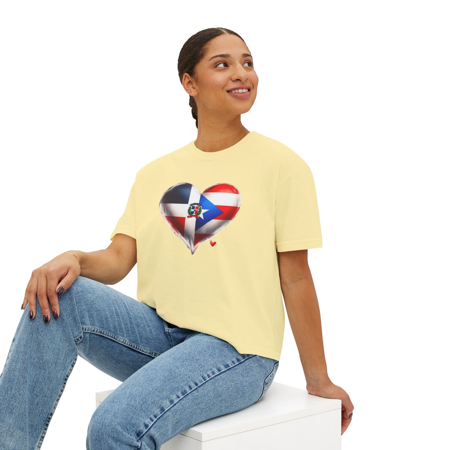 DomiRikan Heart Women’s Boxy Tee – Boricua & Dominicana Pride Shirt, Vintage Fit, Festival Gift Top - Metamorphosis Creations