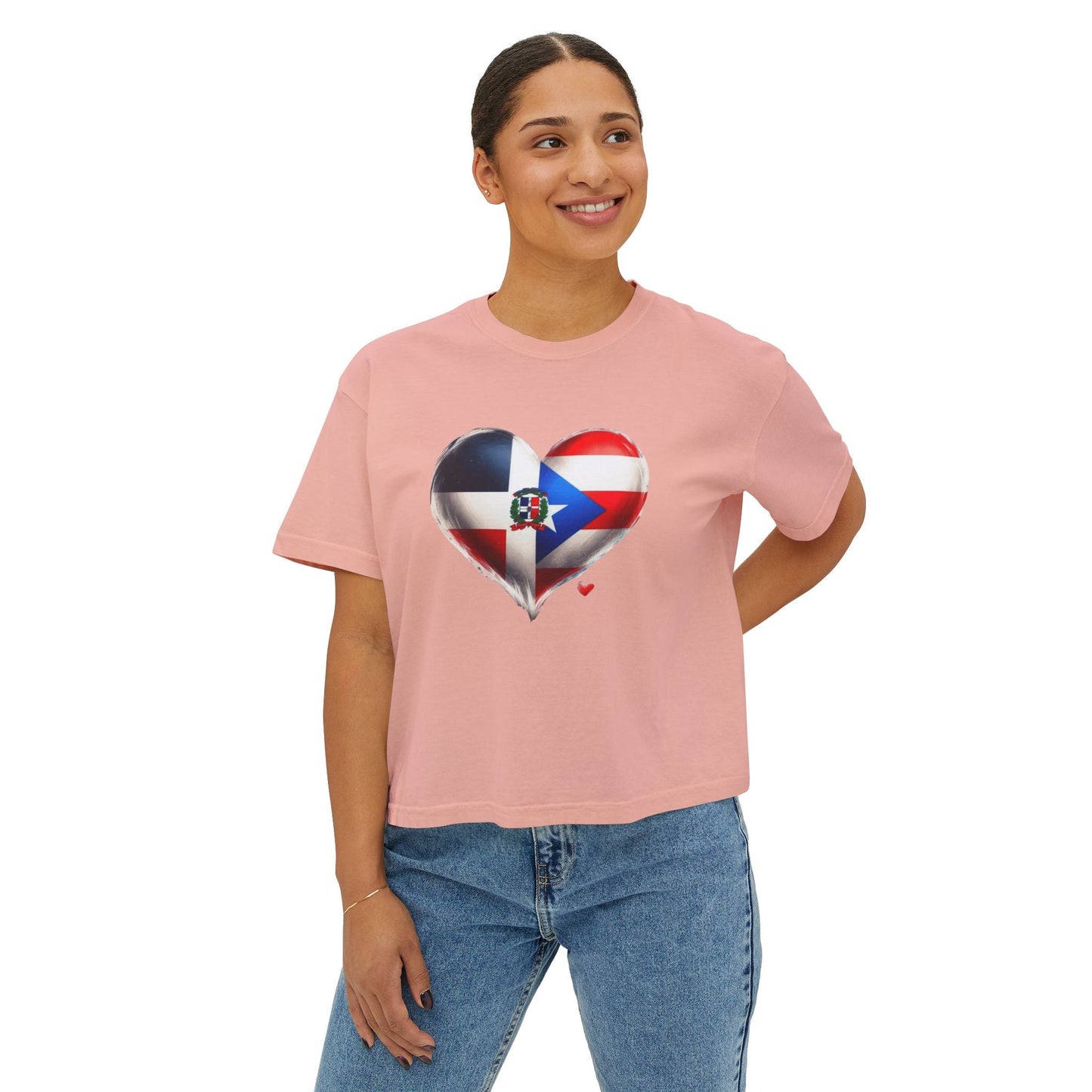 DomiRikan Heart Women’s Boxy Tee – Boricua & Dominicana Pride Shirt, Vintage Fit, Festival Gift Top - Metamorphosis Creations