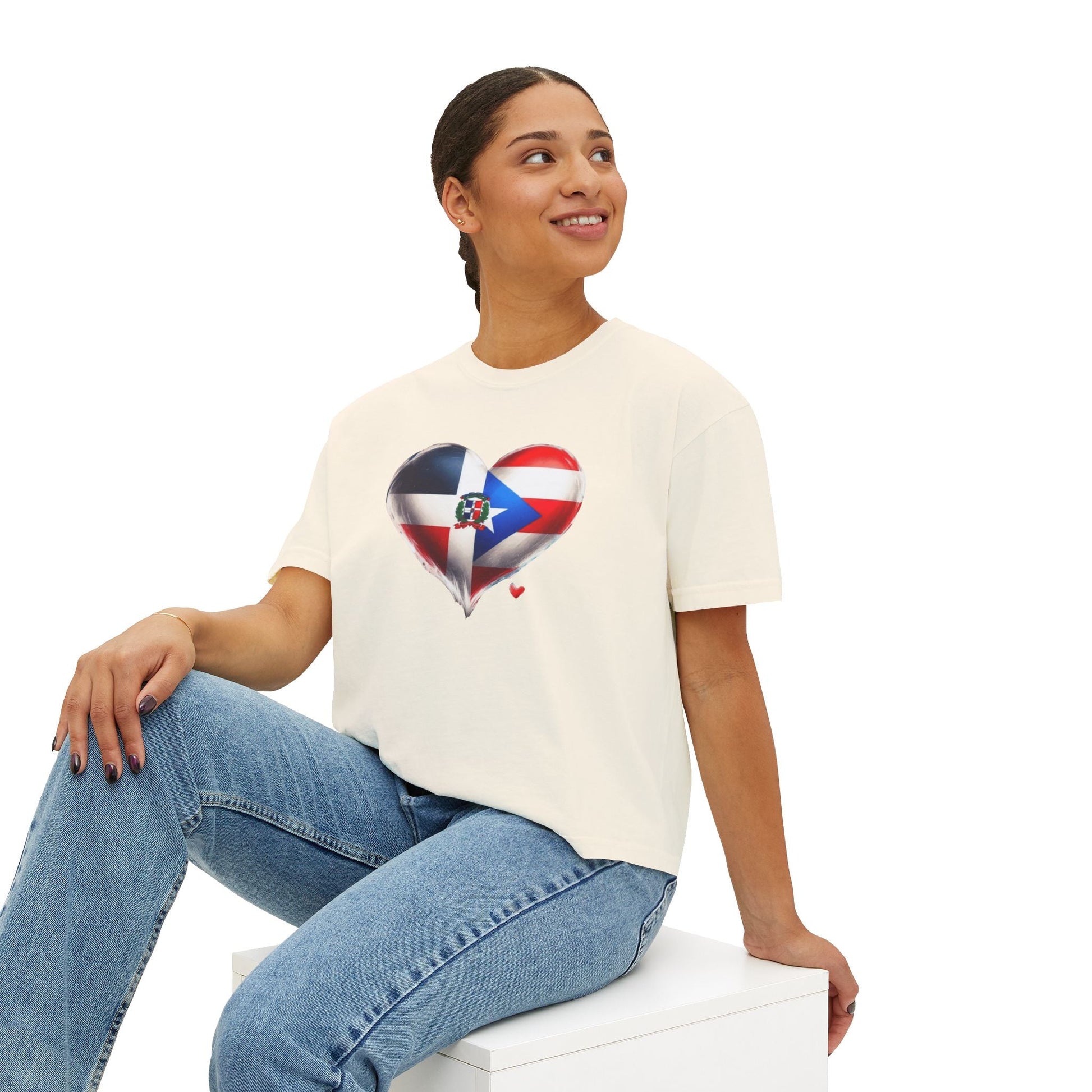 DomiRikan Heart Women’s Boxy Tee – Boricua & Dominicana Pride Shirt, Vintage Fit, Festival Gift Top - Metamorphosis Creations