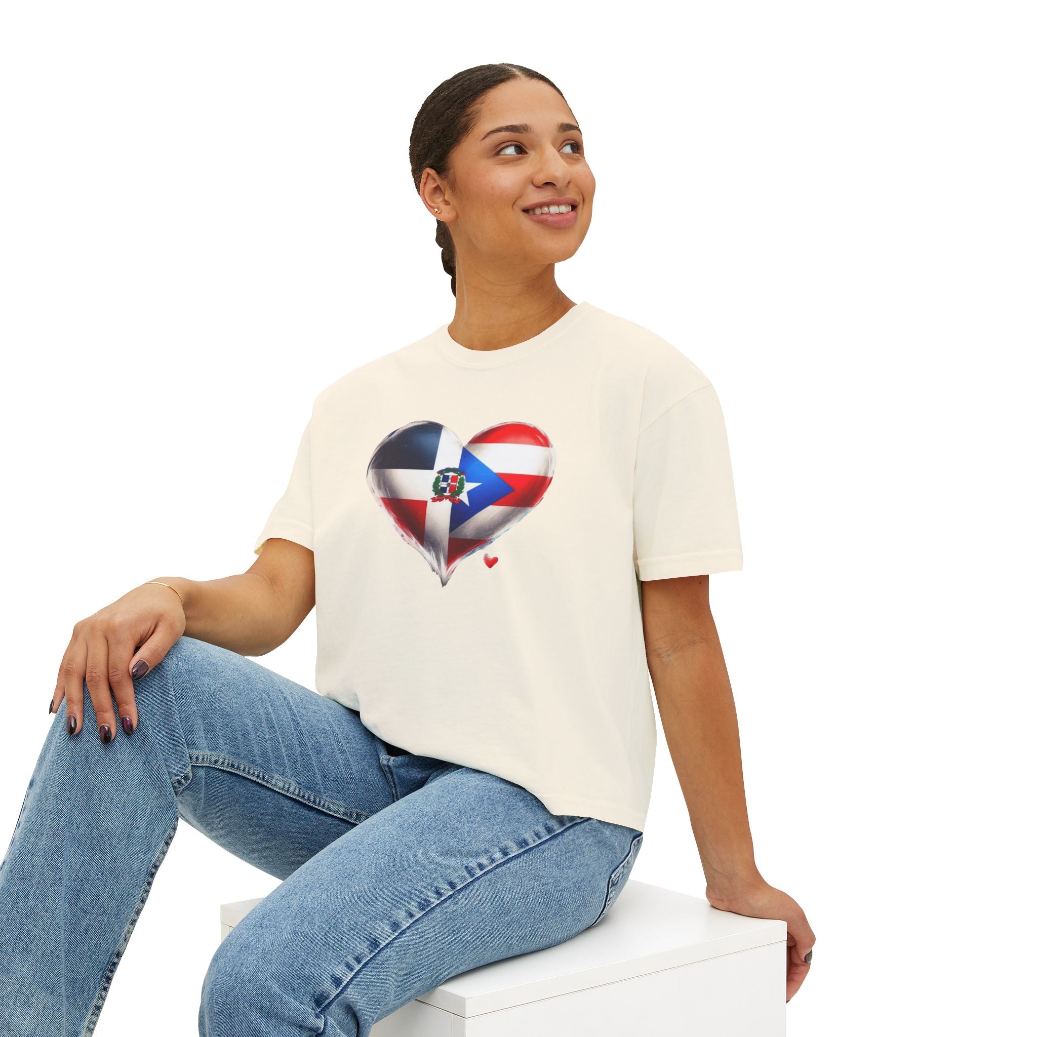 DomiRikan Heart Women’s Boxy Tee – Boricua & Dominicana Pride Shirt, Vintage Fit, Festival Gift Top - Metamorphosis Creations