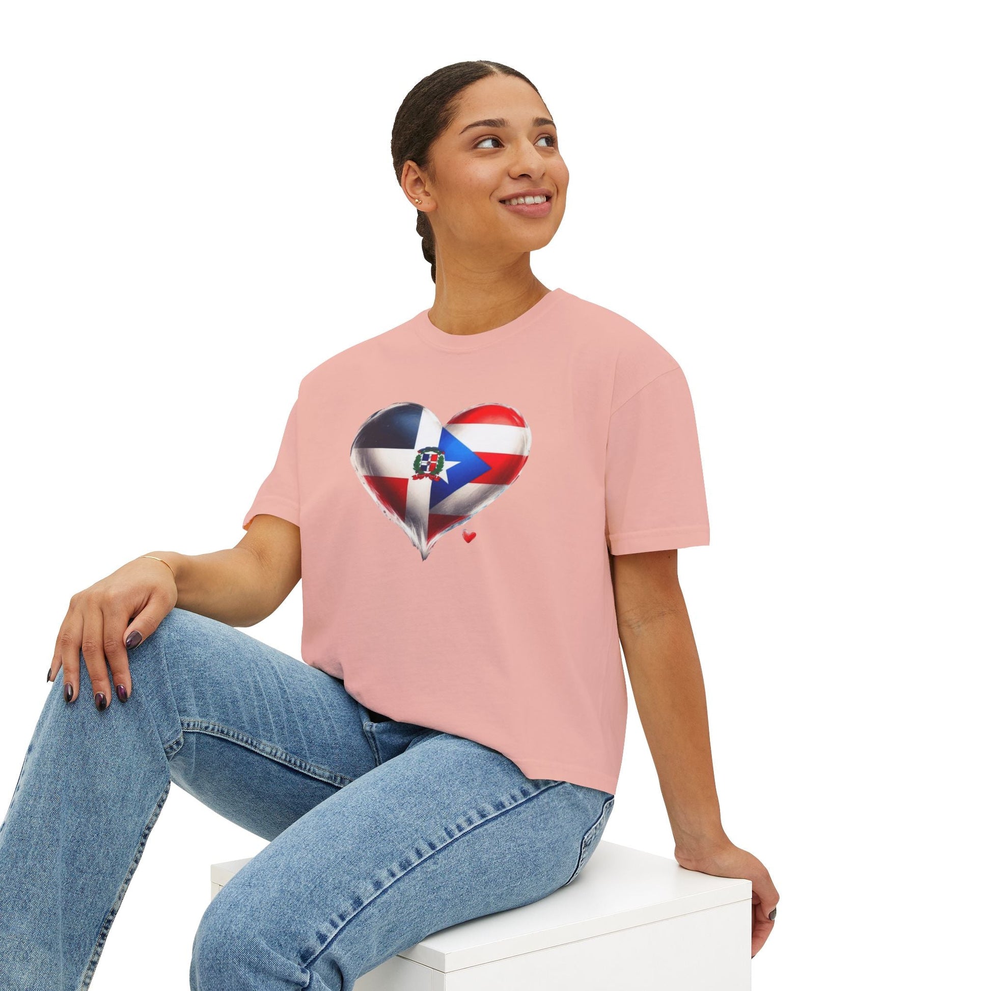 DomiRikan Heart Women’s Boxy Tee – Boricua & Dominicana Pride Shirt, Vintage Fit, Festival Gift Top - Metamorphosis Creations