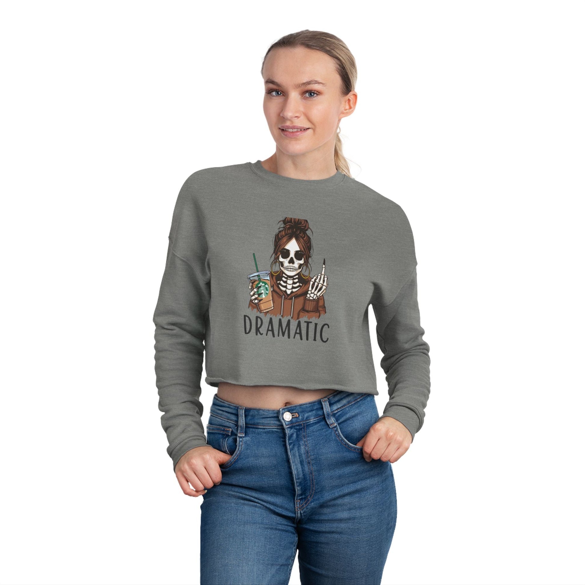 Dramatic Skeleton Cropped Sweatshirt - Trendy Apparel for Artists, Halloween Fashion, Casual Wear, Gifts for Creatives, Fall Style - Metamorphosis Creations