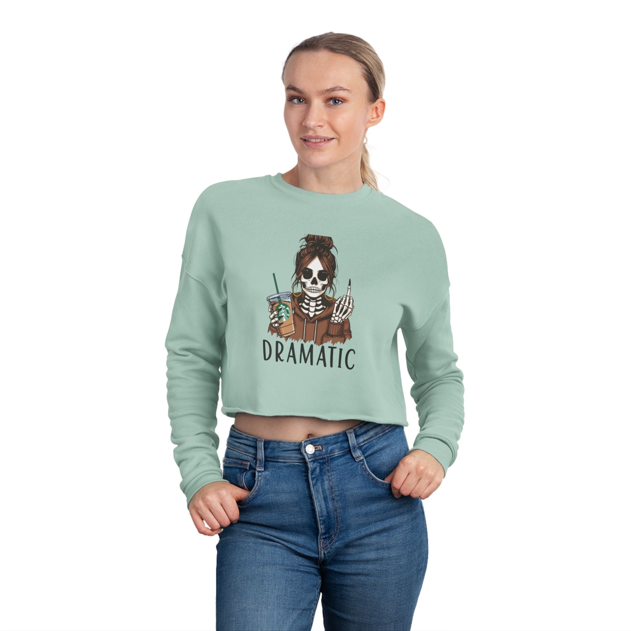 Dramatic Skeleton Cropped Sweatshirt - Trendy Apparel for Artists, Halloween Fashion, Casual Wear, Gifts for Creatives, Fall Style - Metamorphosis Creations