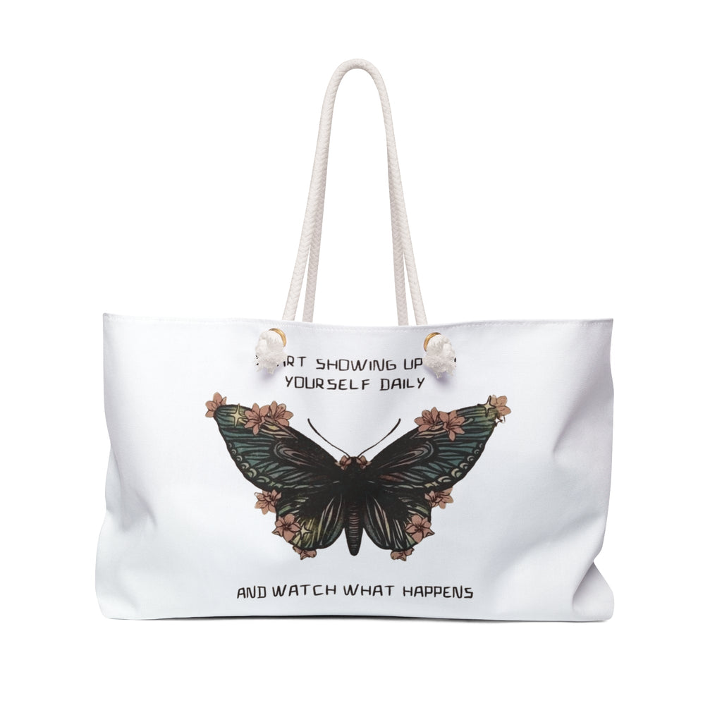 Empowerment Weekender Bag, Inspirational Travel Tote, Motivational Gym Bag, Stylish Butterfly Luggage, Butterfly Quote Carryall - Metamorphosis Creations