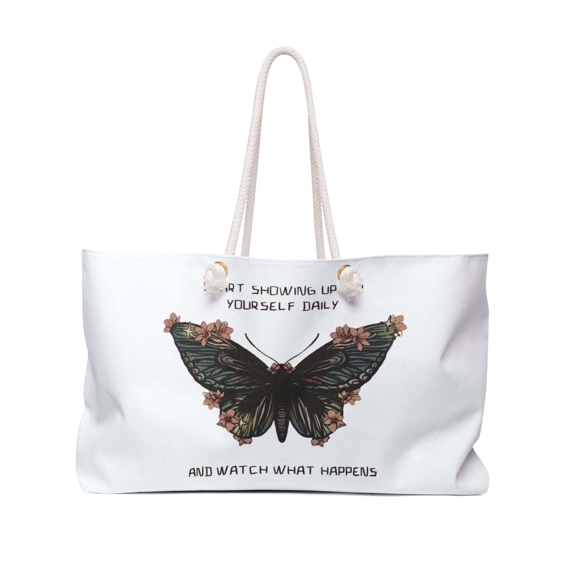 Empowerment Weekender Bag, Inspirational Travel Tote, Motivational Gym Bag, Stylish Butterfly Luggage, Butterfly Quote Carryall - Metamorphosis Creations