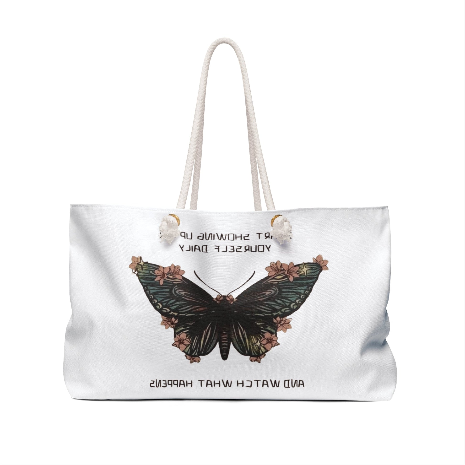 Empowerment Weekender Bag, Inspirational Travel Tote, Motivational Gym Bag, Stylish Butterfly Luggage, Butterfly Quote Carryall - Metamorphosis Creations