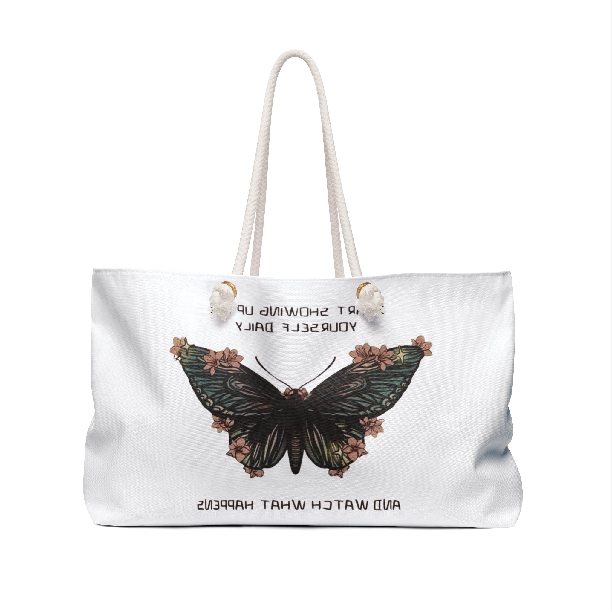 Empowerment Weekender Bag, Inspirational Travel Tote, Motivational Gym Bag, Stylish Butterfly Luggage, Butterfly Quote Carryall - Metamorphosis Creations