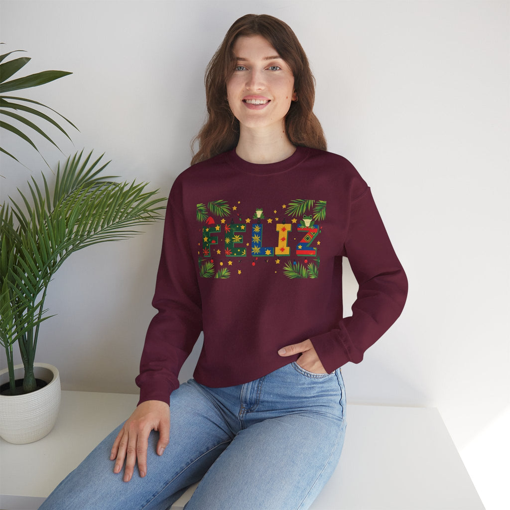 Feliz Holiday Crewneck Sweatshirt, Christmas Gift, Unisex Sweatshirt, Cozy Winter Apparel, Festive Wear - Metamorphosis Creations