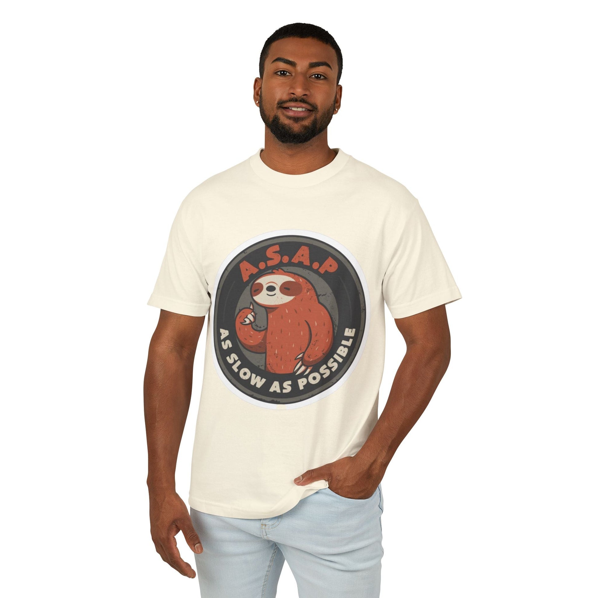 Funny gift idea Sloth - Themed Garment - Dyed Heavyweight Tee, Cute Animal Shirt, AS Slow As Possible Tee, Relaxed Fit Tee, Gift for Sloth Lovers, Funny [...] - Metamorphosis Creations