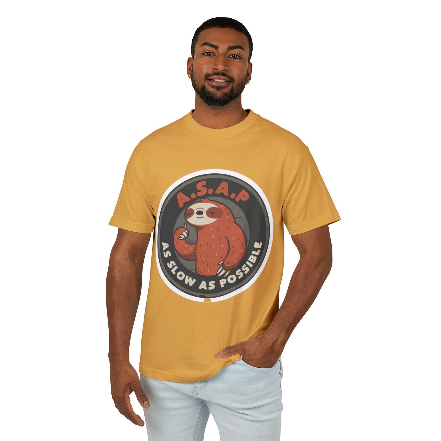 Funny gift idea Sloth - Themed Garment - Dyed Heavyweight Tee, Cute Animal Shirt, AS Slow As Possible Tee, Relaxed Fit Tee, Gift for Sloth Lovers, Funny [...] - Metamorphosis Creations