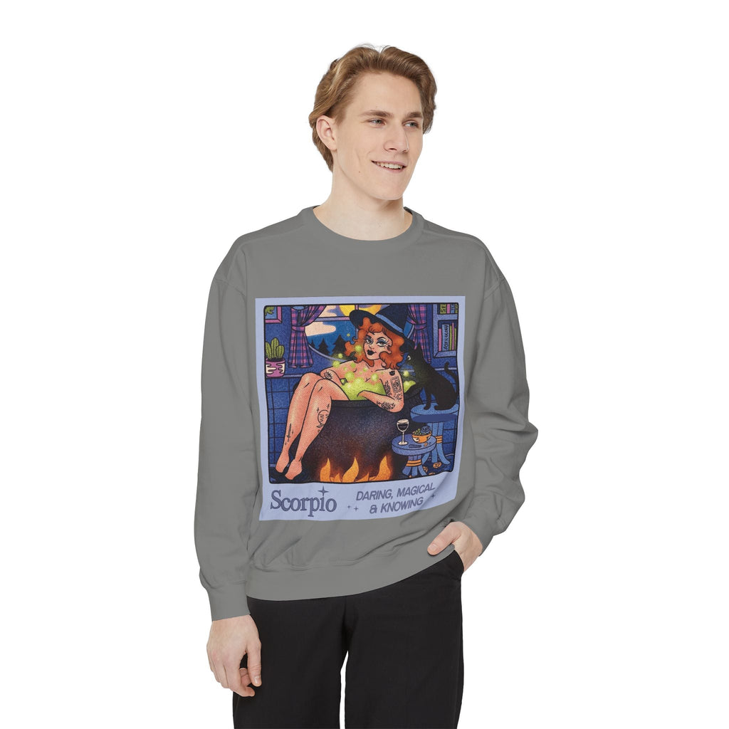 Halloween Sweater Scorpio Sweatshirt | Garment - Dyed Cozy Top, Astrology Gift, Zodiac Apparel, Witchy Fashion, Fall Wardrobe Essential - Metamorphosis Creations