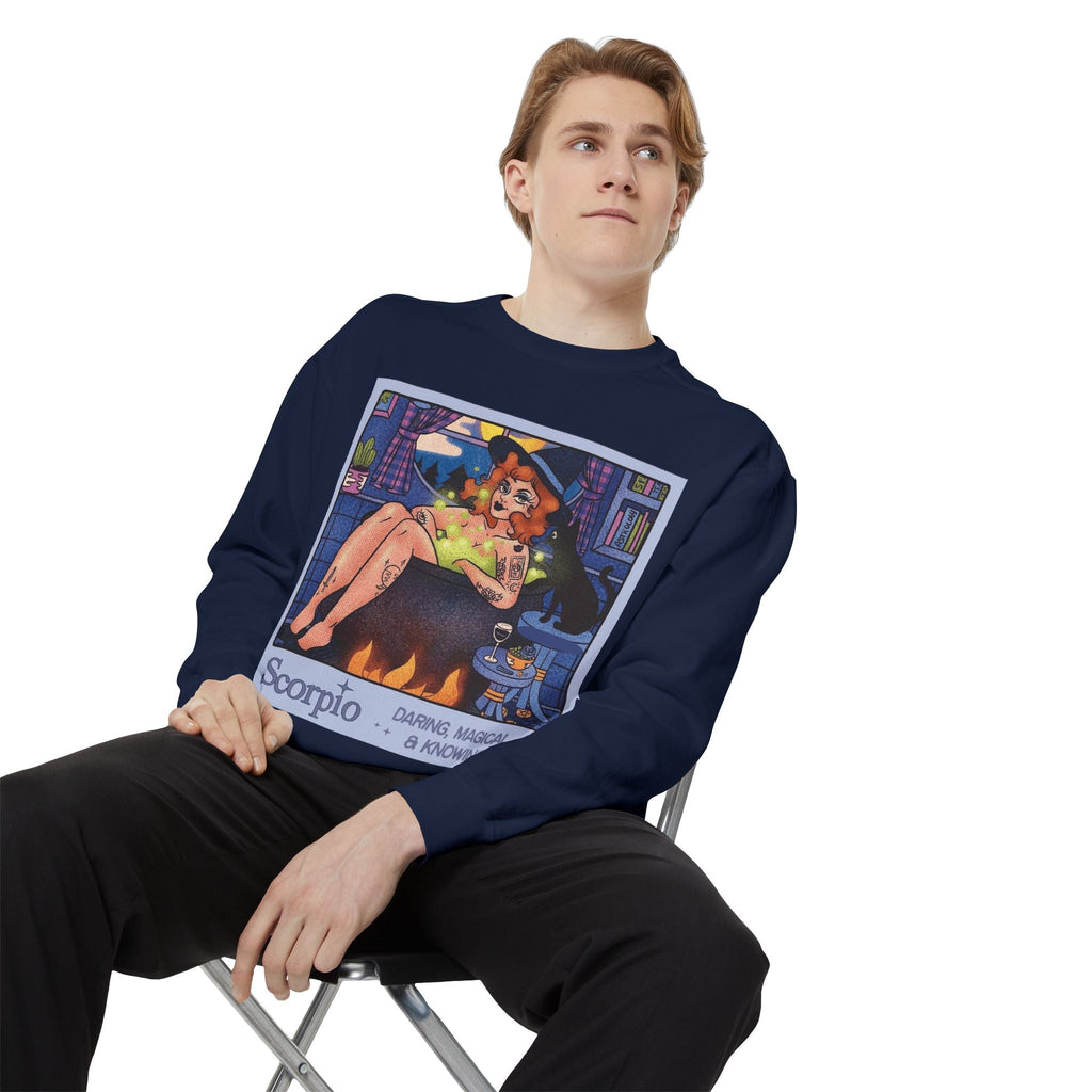 Halloween Sweater Scorpio Sweatshirt | Garment - Dyed Cozy Top, Astrology Gift, Zodiac Apparel, Witchy Fashion, Fall Wardrobe Essential - Metamorphosis Creations