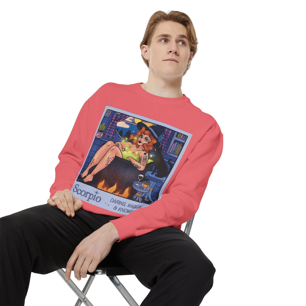 Halloween Sweater Scorpio Sweatshirt | Garment - Dyed Cozy Top, Astrology Gift, Zodiac Apparel, Witchy Fashion, Fall Wardrobe Essential - Metamorphosis Creations