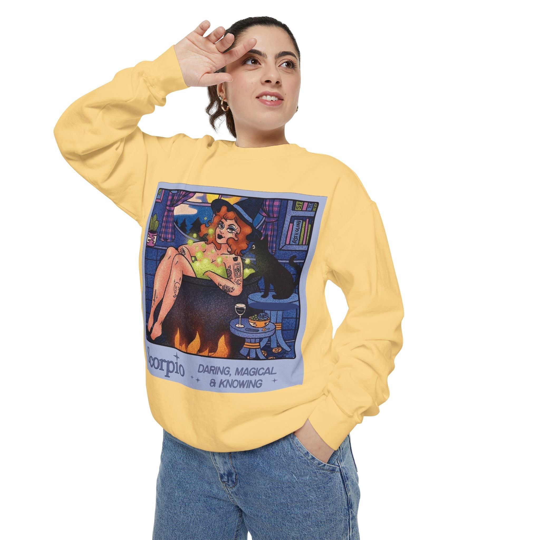Halloween Sweater Scorpio Sweatshirt | Garment - Dyed Cozy Top, Astrology Gift, Zodiac Apparel, Witchy Fashion, Fall Wardrobe Essential - Metamorphosis Creations