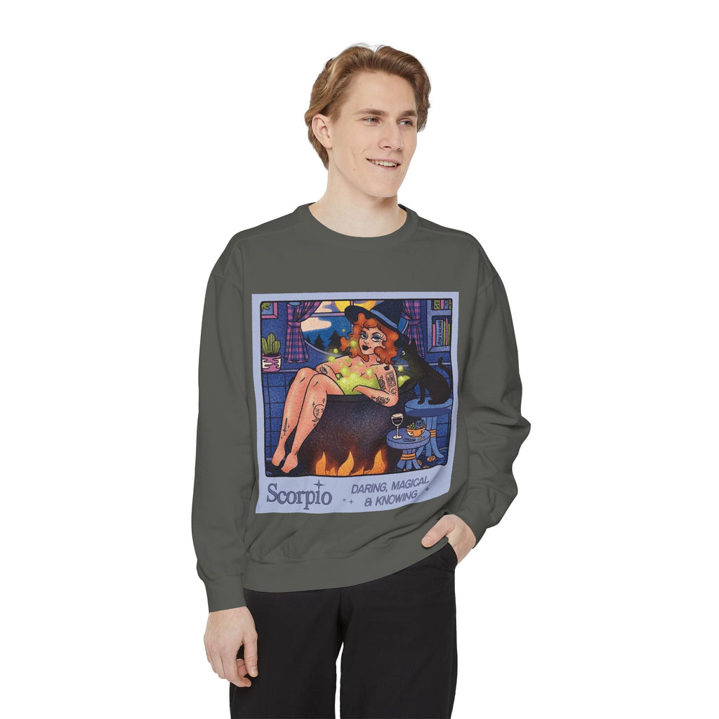 Halloween Sweater Scorpio Sweatshirt | Garment - Dyed Cozy Top, Astrology Gift, Zodiac Apparel, Witchy Fashion, Fall Wardrobe Essential - Metamorphosis Creations