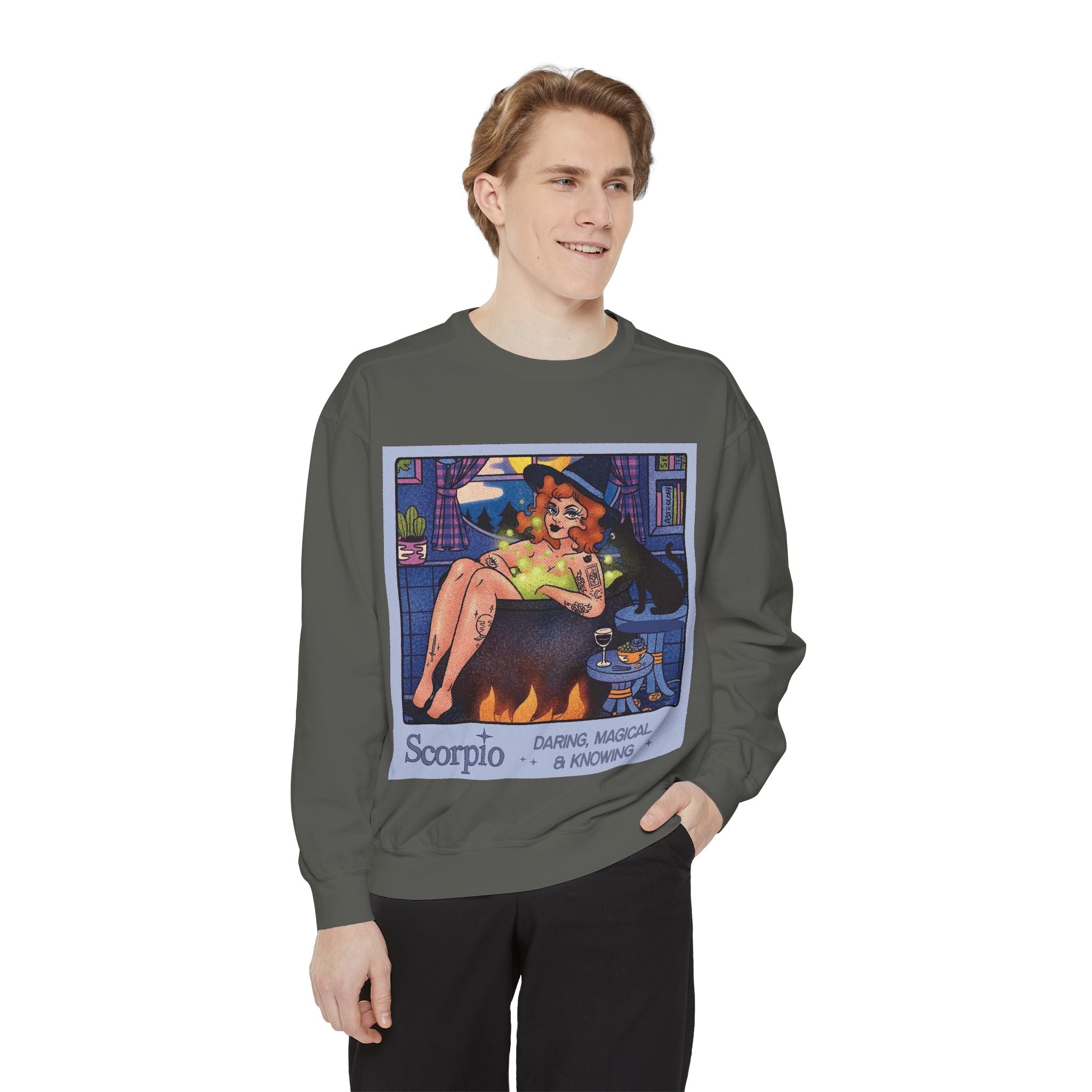 Halloween Sweater Scorpio Sweatshirt | Garment - Dyed Cozy Top, Astrology Gift, Zodiac Apparel, Witchy Fashion, Fall Wardrobe Essential - Metamorphosis Creations