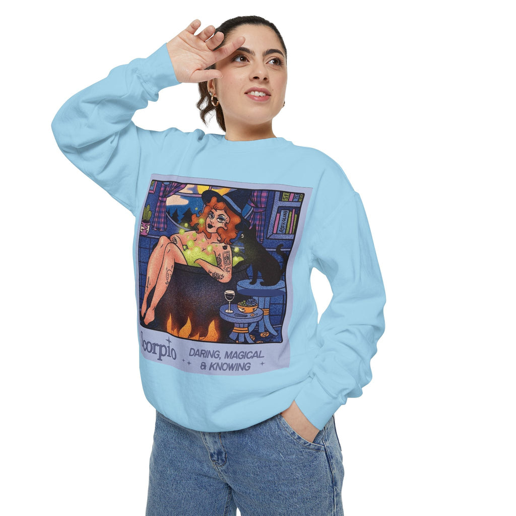 Halloween Sweater Scorpio Sweatshirt | Garment - Dyed Cozy Top, Astrology Gift, Zodiac Apparel, Witchy Fashion, Fall Wardrobe Essential - Metamorphosis Creations