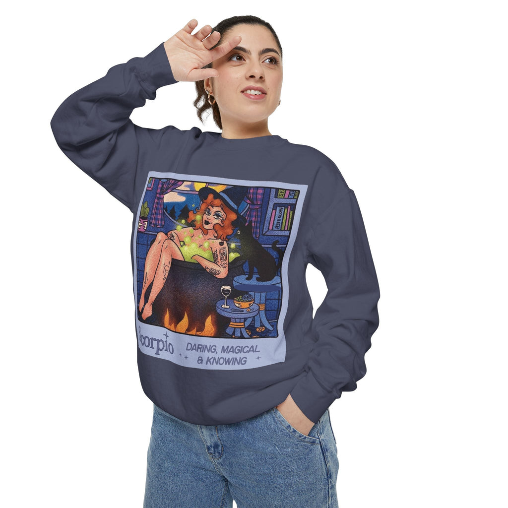 Halloween Sweater Scorpio Sweatshirt | Garment - Dyed Cozy Top, Astrology Gift, Zodiac Apparel, Witchy Fashion, Fall Wardrobe Essential - Metamorphosis Creations