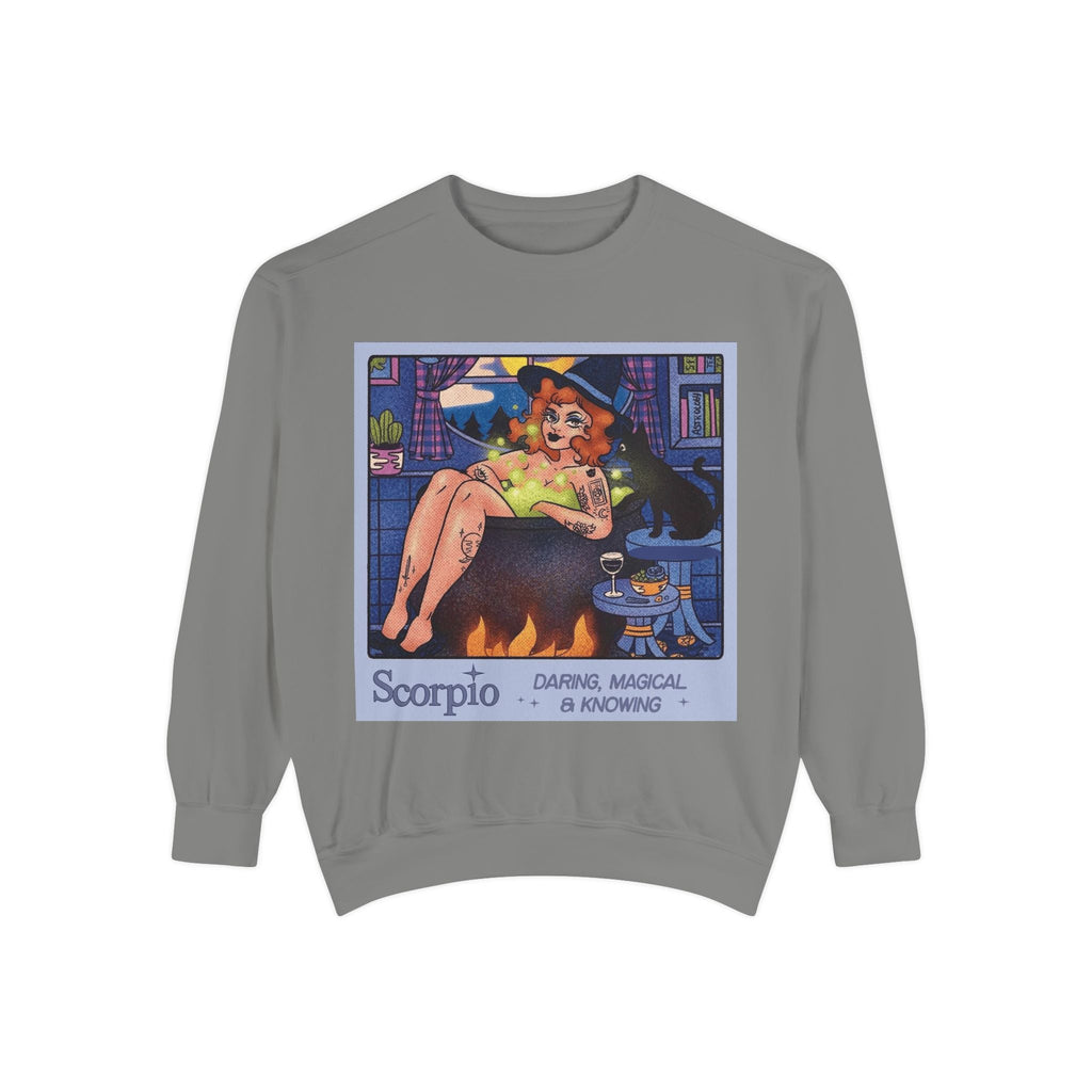 Halloween Sweater Scorpio Sweatshirt | Garment - Dyed Cozy Top, Astrology Gift, Zodiac Apparel, Witchy Fashion, Fall Wardrobe Essential - Metamorphosis Creations