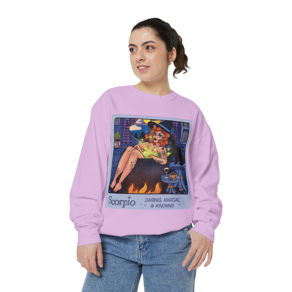 Halloween Sweater Scorpio Sweatshirt | Garment - Dyed Cozy Top, Astrology Gift, Zodiac Apparel, Witchy Fashion, Fall Wardrobe Essential - Metamorphosis Creations