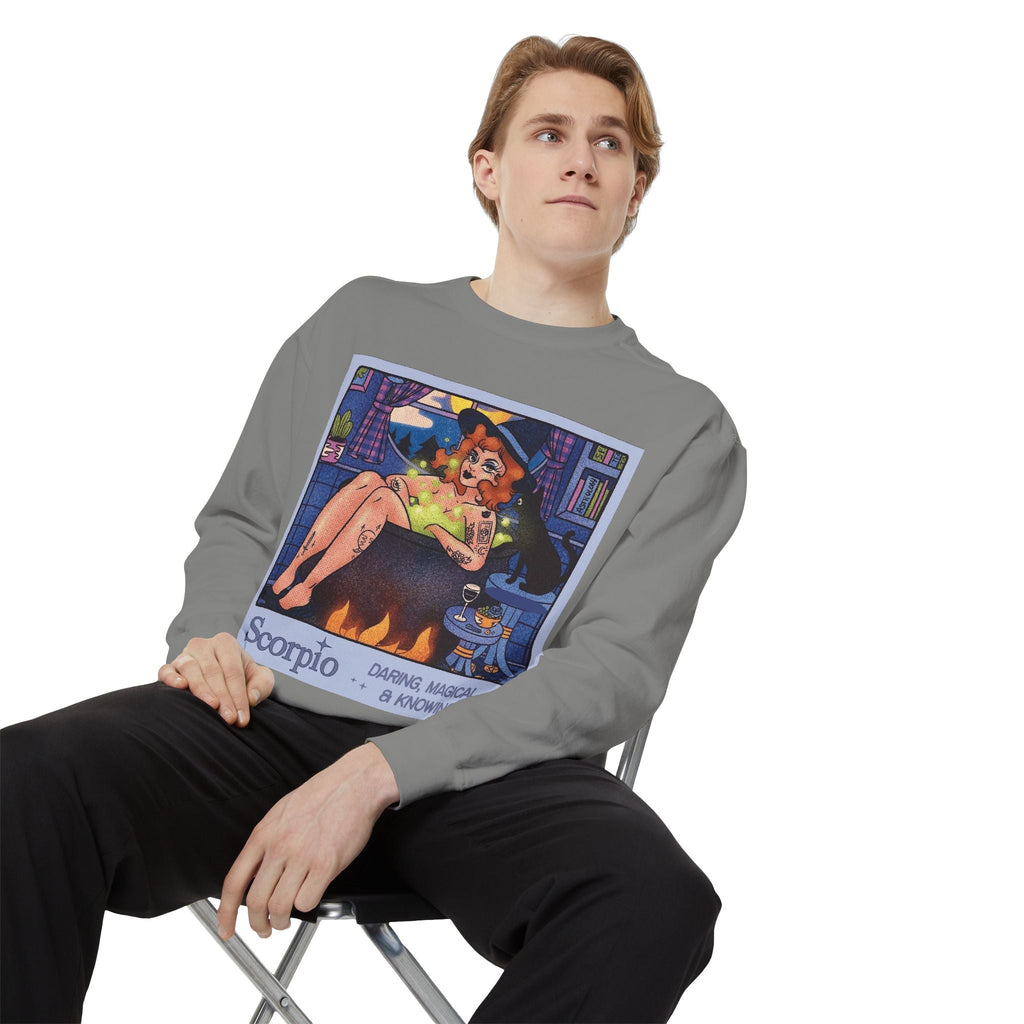 Halloween Sweater Scorpio Sweatshirt | Garment - Dyed Cozy Top, Astrology Gift, Zodiac Apparel, Witchy Fashion, Fall Wardrobe Essential - Metamorphosis Creations
