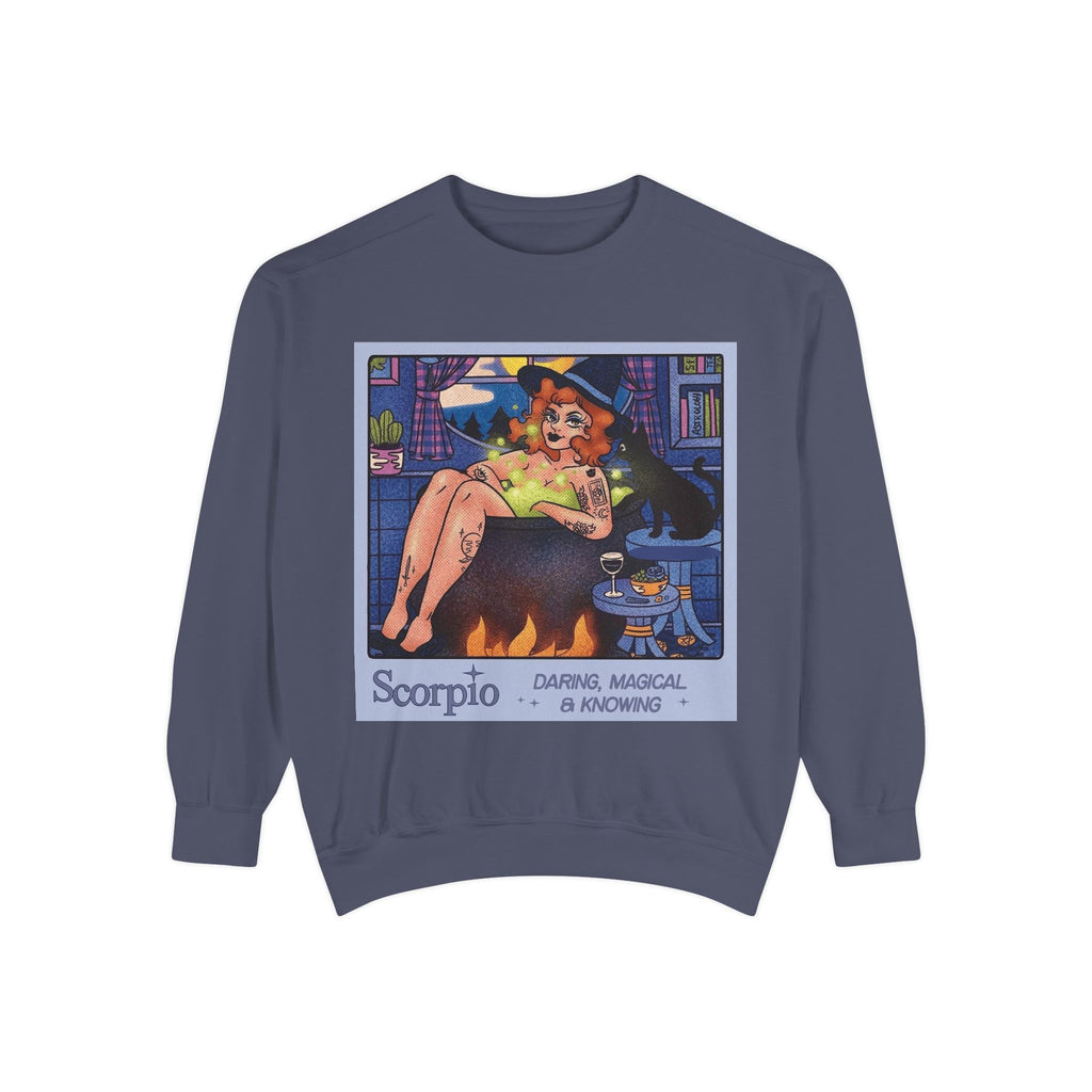 Halloween Sweater Scorpio Sweatshirt | Garment - Dyed Cozy Top, Astrology Gift, Zodiac Apparel, Witchy Fashion, Fall Wardrobe Essential - Metamorphosis Creations