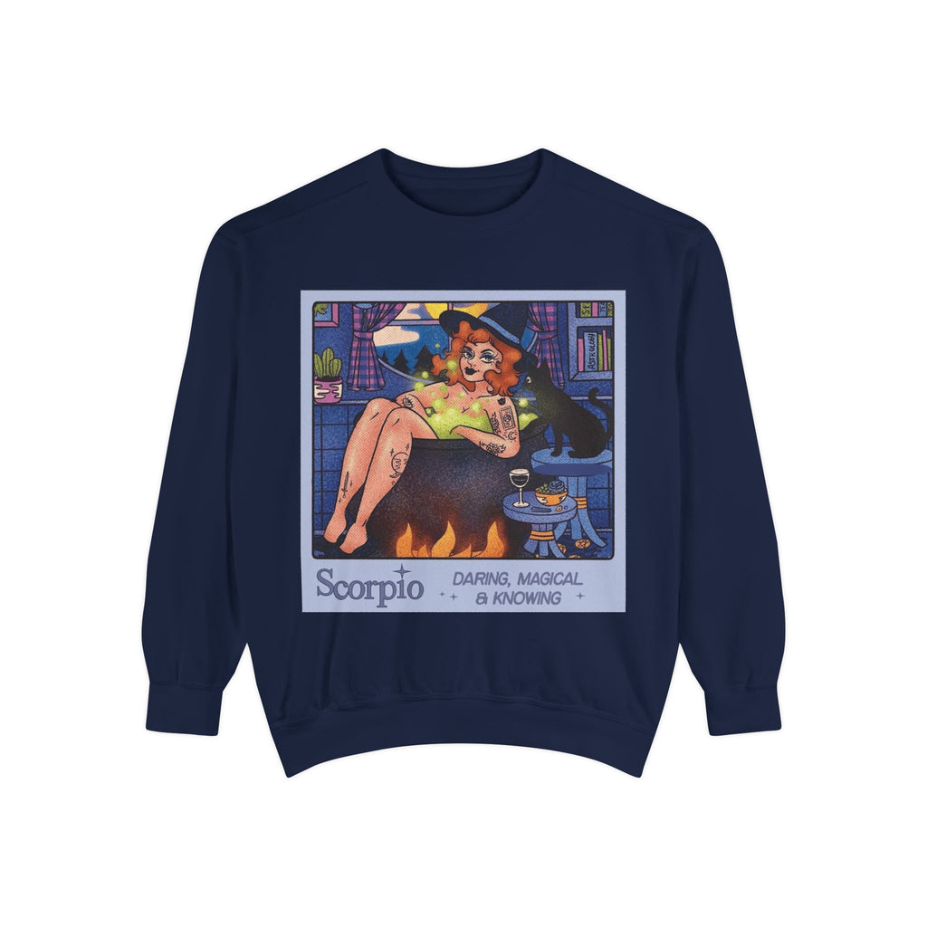 Halloween Sweater Scorpio Sweatshirt | Garment - Dyed Cozy Top, Astrology Gift, Zodiac Apparel, Witchy Fashion, Fall Wardrobe Essential - Metamorphosis Creations