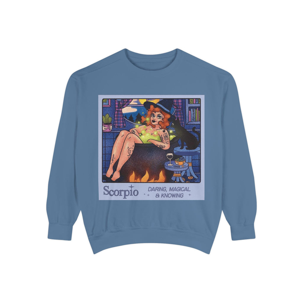 Halloween Sweater Scorpio Sweatshirt | Garment - Dyed Cozy Top, Astrology Gift, Zodiac Apparel, Witchy Fashion, Fall Wardrobe Essential - Metamorphosis Creations