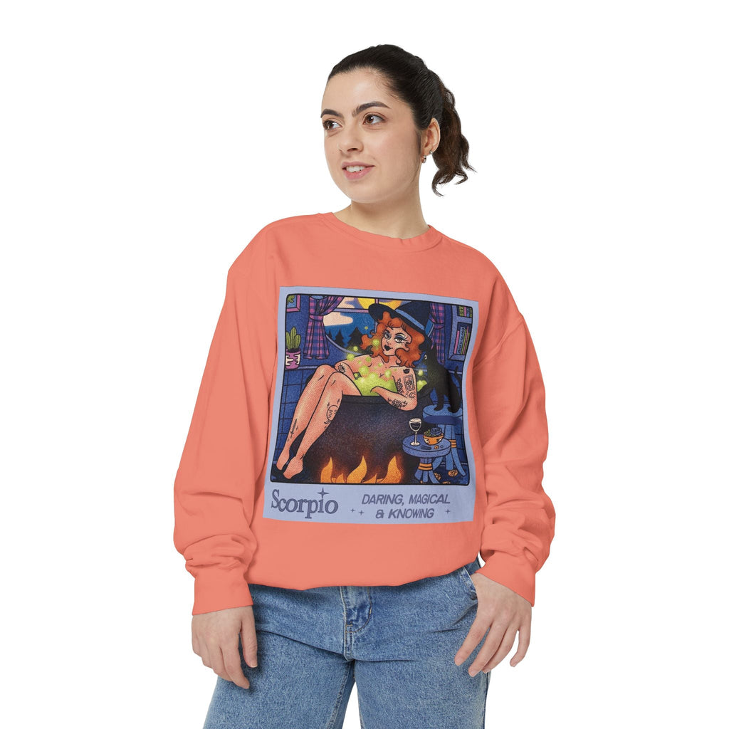 Halloween Sweater Scorpio Sweatshirt | Garment - Dyed Cozy Top, Astrology Gift, Zodiac Apparel, Witchy Fashion, Fall Wardrobe Essential - Metamorphosis Creations