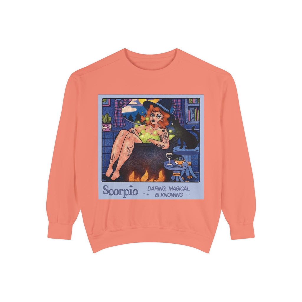 Halloween Sweater Scorpio Sweatshirt | Garment - Dyed Cozy Top, Astrology Gift, Zodiac Apparel, Witchy Fashion, Fall Wardrobe Essential - Metamorphosis Creations