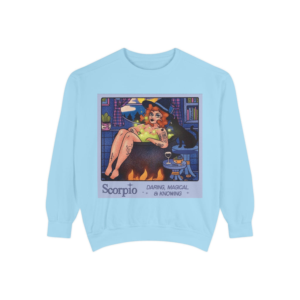 Halloween Sweater Scorpio Sweatshirt | Garment - Dyed Cozy Top, Astrology Gift, Zodiac Apparel, Witchy Fashion, Fall Wardrobe Essential - Metamorphosis Creations