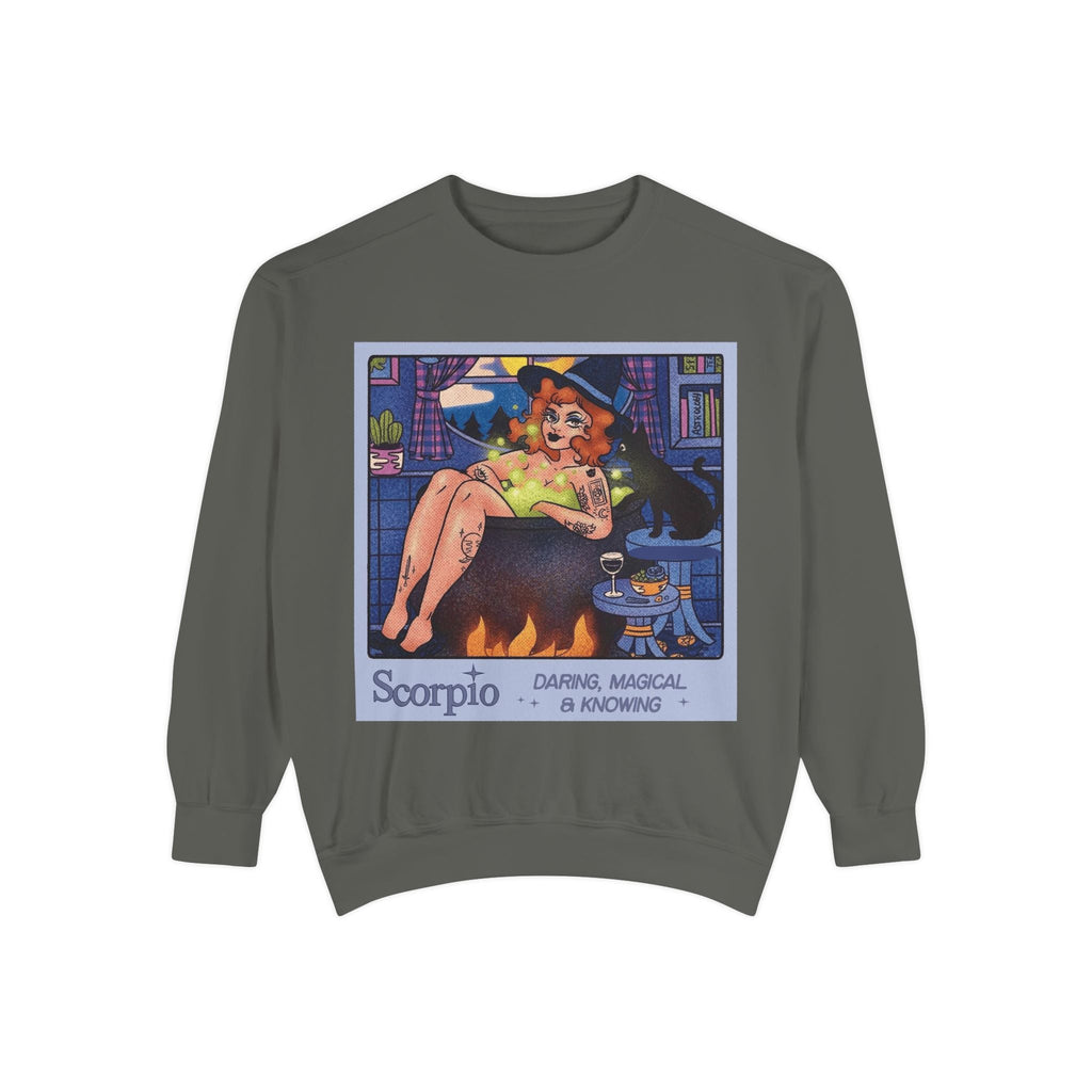 Halloween Sweater Scorpio Sweatshirt | Garment - Dyed Cozy Top, Astrology Gift, Zodiac Apparel, Witchy Fashion, Fall Wardrobe Essential - Metamorphosis Creations