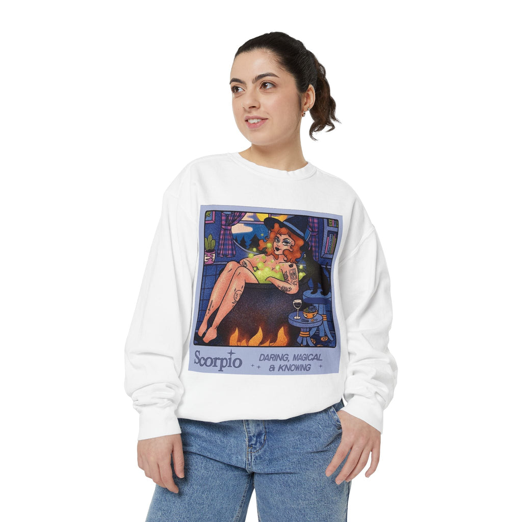Halloween Sweater Scorpio Sweatshirt | Garment - Dyed Cozy Top, Astrology Gift, Zodiac Apparel, Witchy Fashion, Fall Wardrobe Essential - Metamorphosis Creations