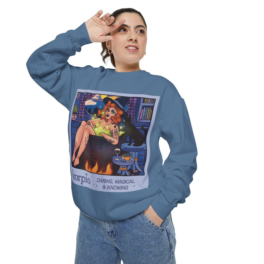 Halloween Sweater Scorpio Sweatshirt | Garment - Dyed Cozy Top, Astrology Gift, Zodiac Apparel, Witchy Fashion, Fall Wardrobe Essential - Metamorphosis Creations