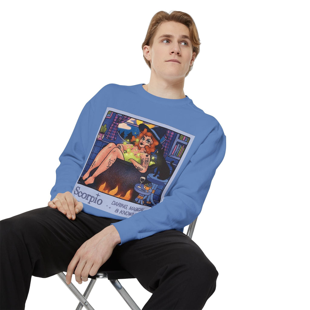 Halloween Sweater Scorpio Sweatshirt | Garment - Dyed Cozy Top, Astrology Gift, Zodiac Apparel, Witchy Fashion, Fall Wardrobe Essential - Metamorphosis Creations