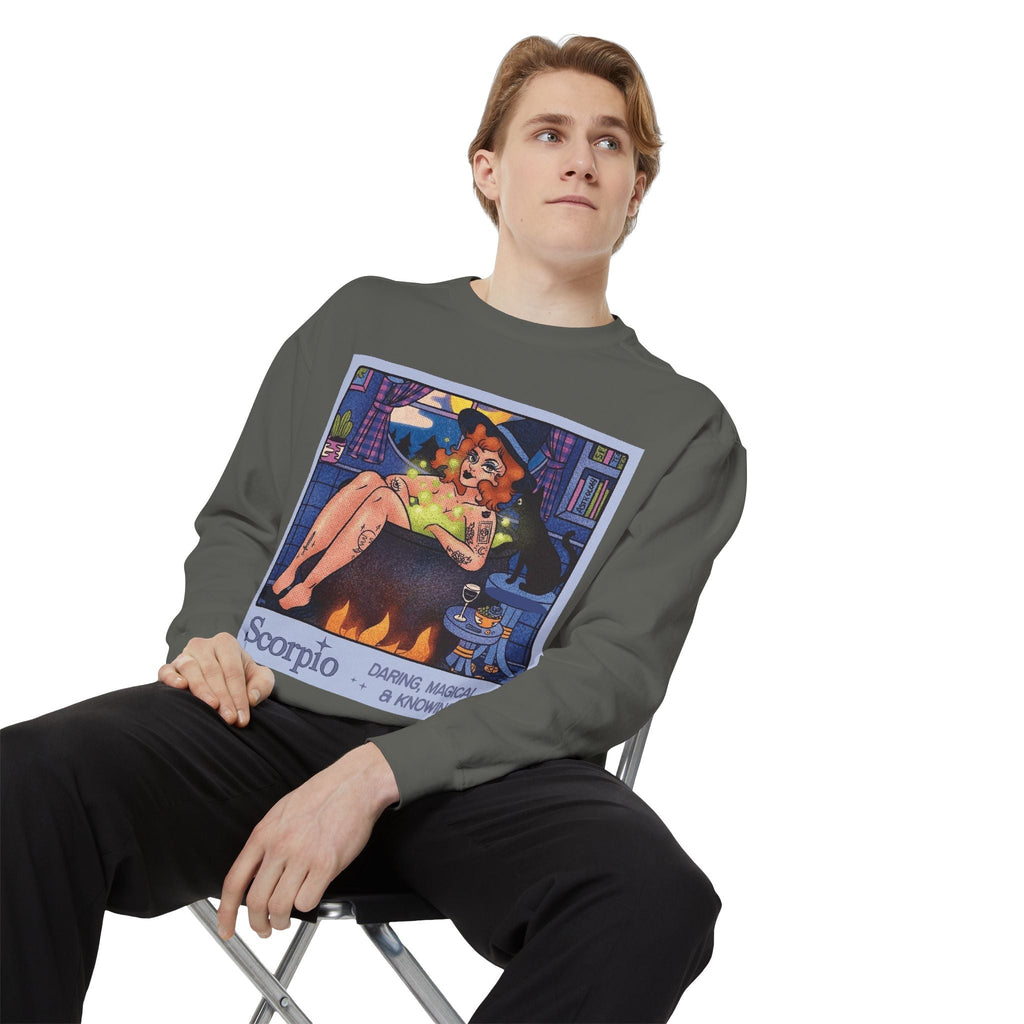 Halloween Sweater Scorpio Sweatshirt | Garment - Dyed Cozy Top, Astrology Gift, Zodiac Apparel, Witchy Fashion, Fall Wardrobe Essential - Metamorphosis Creations